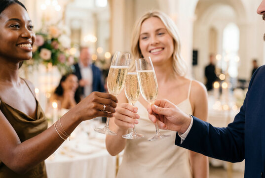 Diverse friends cheerfully toasting champagne at a festive social event