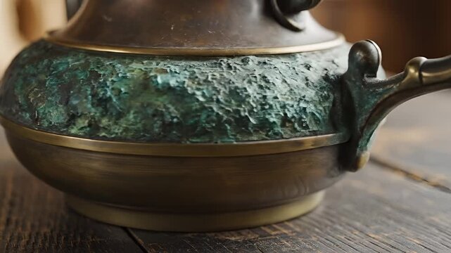 Closeup of an antique brass teapot with verdigris patina on a wooden surface.