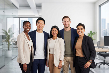 Obraz premium Portrait of a happy diverse creative business team smiling together in an office
