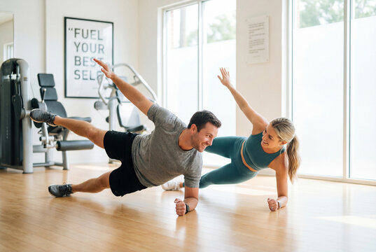 Fit couple doing side plank exercise together in a modern gym