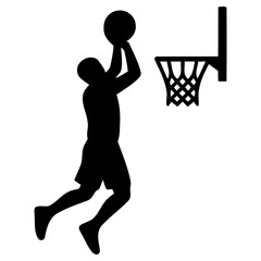 Minimalist vector graphic illustration of a determined basketball player leaping high in the air to perform a powerful slam dunk into the hoop © Vectscape