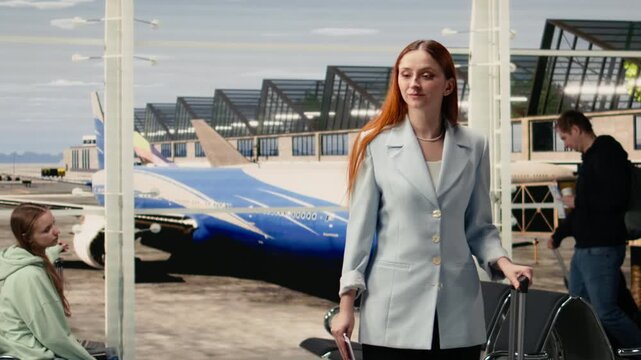 Female tourist, reviews plane ticket, waiting for boarding, in airport lounge. Passengers with luggage inside busy terminal reflecting holiday travel and airline industry workflows.