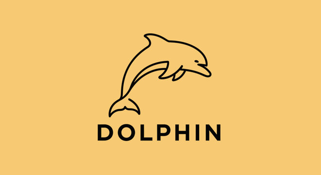 Minimalist dolphin logo outline jumping, text title, clean design, marine mammal icon