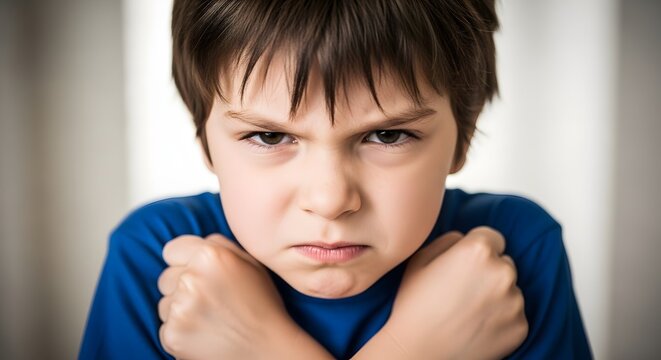 Angry Young Boy with Fists Clenched and Scowling Face Expressing Frustration and Defiance