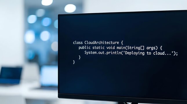 Software developer programming code on computer screen showing cloud architecture deployment in modern office workspace environment.