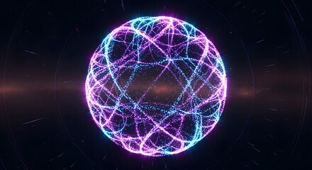 Naklejka premium Abstract Glowing Blue and Purple Particle Sphere Representing Data Network or Quantum Energy in Dark Cosmic Space