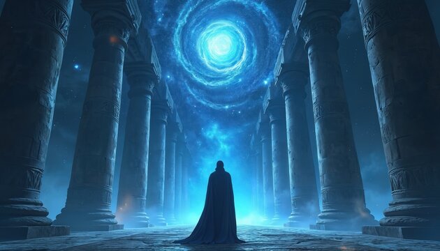 Figure stands in ancient temple hall looking at glowing cosmic vortex above. Pillars surround stone floor. Starry night sky with nebula and bright light in center.