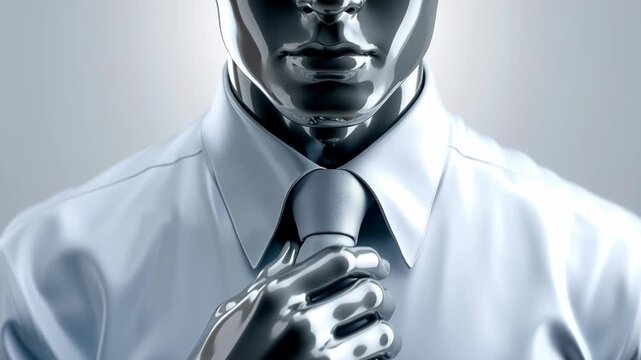 A chrome humanoid robot adjusts its formal tie, embodying the concept of AI in the workplace.