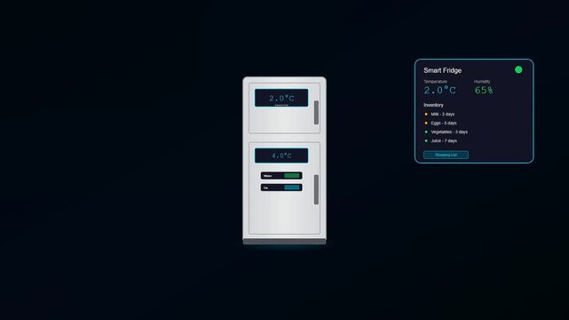 An advanced system of smart home automation showcasing a futuristic refrigerator interface with dynamic temperature adjustments and inventory tracking for efficient kitchen management and organization