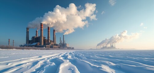 Obraz premium Large industrial power plant with smoke stacks emitting white steam clouds against clear blue sky over vast snowy landscape. Tall factory chimneys stand in distance, contributing to industrial