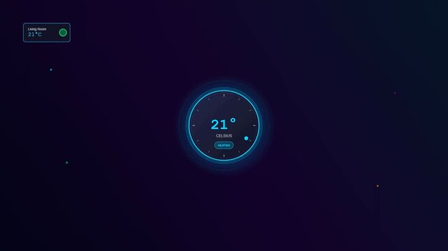 A sophisticated smart home automation interface featuring a glowing neon temperature dial that dynamically fluctuates to regulate the ambient climate of a futuristic interior space