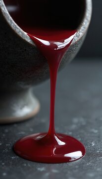 Thick dark red liquid drips from ceramic bowl forming puddle. Viscous fluid flows down a textured surface, creating a glossy reflective pool.