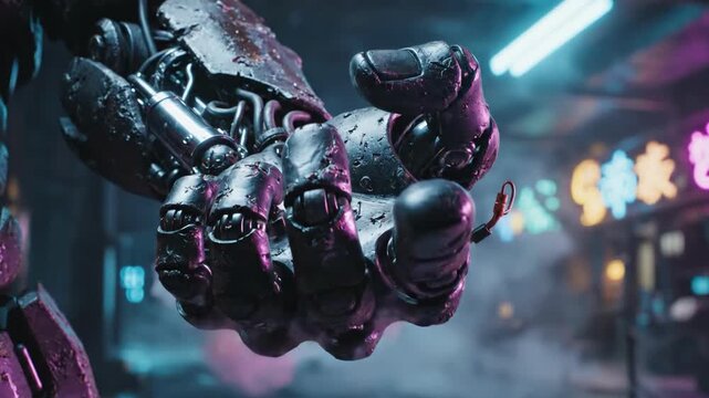 A close-up of a metallic cyborg fist clenched in a dark alleyway with neon lights reflecting off its surface, evoking a sense of technology and futuri