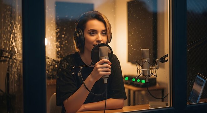 Woman recording audio in soundproof booth with microphone and headphones