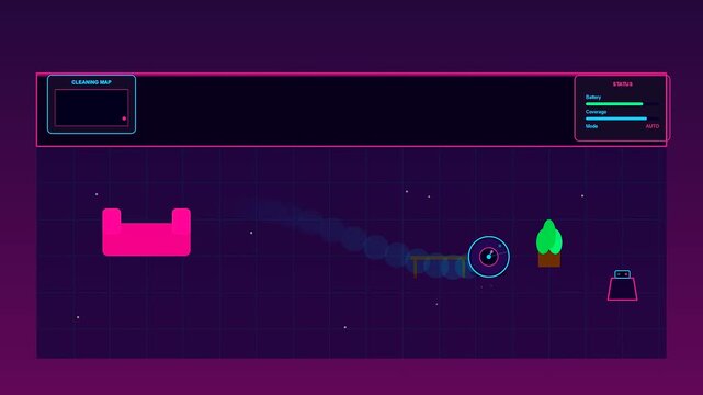 A futuristic visualization of smart home automation featuring a robotic vacuum navigating a stylized neon living room while updating a digital cleaning progress interface