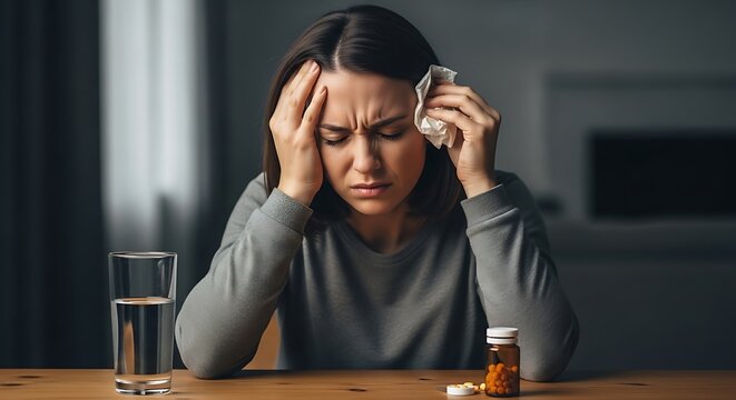 Woman suffering headache at table with medication and water glass
