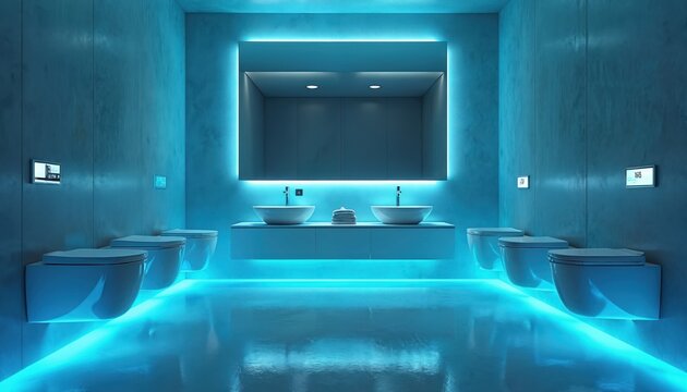 Futuristic bathroom with multiple wall mounted toilets, sleek sinks and touchless faucets. Ambient blue LED lights illuminate modern interior design.