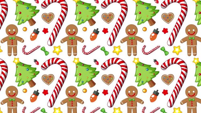 Animated Christmas pattern featuring gingerbread man candy cane and pine tree festive holiday background motion.