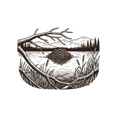 Obraz premium Beaver Building a Large Dam.