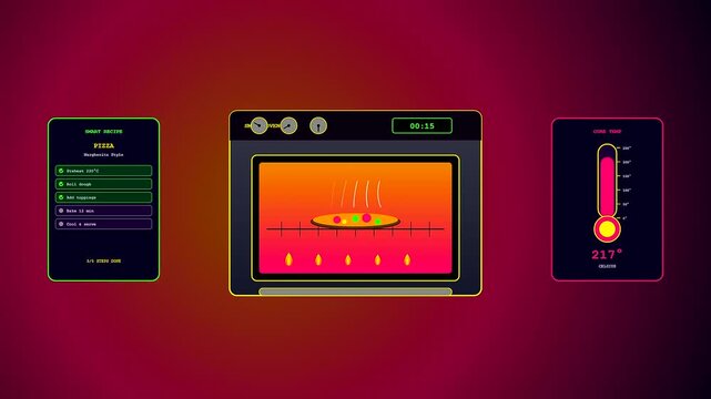 An innovative vision of smart home automation depicting a sophisticated digital culinary interface monitoring the precise thermal progress and timing of an artisanal pizza