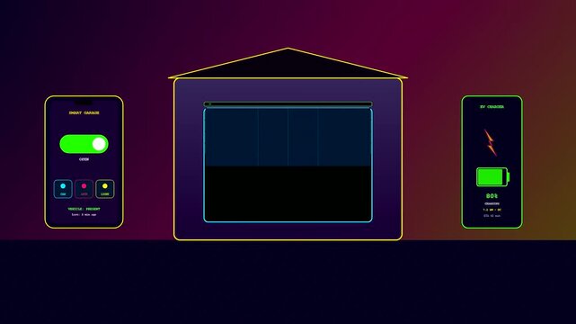 A futuristic digital interface demonstrating smart home automation as a virtual garage door opens and closes through a sleek mobile application control system dashboard