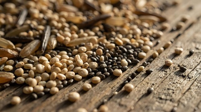 Assorted legumes and grains scattered on rustic wooden surface including lentils, beans, chickpeas and seeds for healthy cooking and nutrition concepts.
