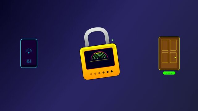 A sophisticated vector animation illustrating smart home automation where a handheld mobile device transmits an encrypted signal to trigger a secure digital door lock mechanism