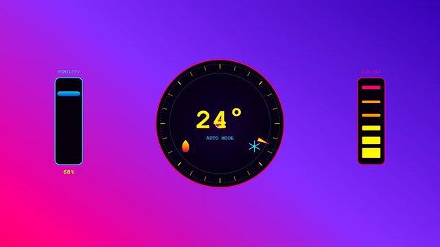 An advanced system for smart home automation displaying dynamic shifts in climate control metrics through a futuristic neon interface with shifting temperature and air quality