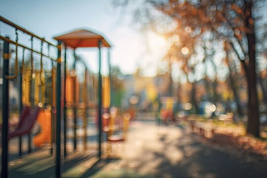A blurred image depicts a playground scene with soft, out-of-focus elements.