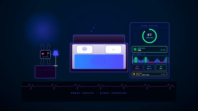 A futuristic scene showcasing smart home automation through a dynamic sleep tracking interface that monitors heart rates and neurological sleep stages for optimal health wellness