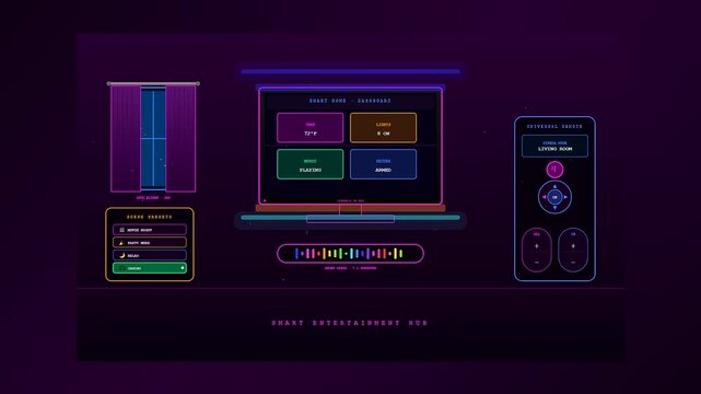 This futuristic interface for Smart Home Automation seamlessly transitions through cinematic movie modes and audio visualizers within a stylized neon purple cyberpunk living room environment