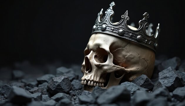 Ancient human skull wears ornate crown resting among dark rocks. Symbol of death, royalty, and lost power. Represents decay, mystery, and gothic themes with dramatic mood.