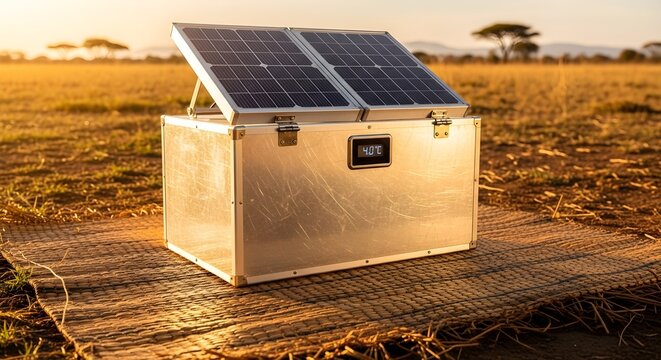 Solar powered storage box with solar panel in a sunlit rural field at sunset.