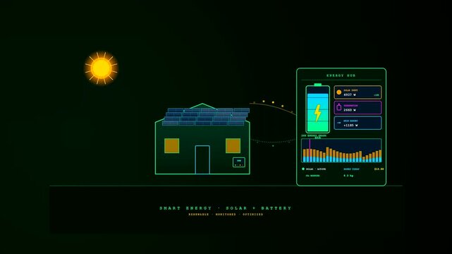 An intricately designed Smart Home Automation visualization illustrating the seamless transition of solar power into energy storage via a futuristic neon digital monitoring dashboard