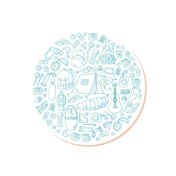 Adventure outdoor patch doodle circle silhouette. Camp theme with hiking, tent, campfire and backpack, plus guitar. Conceptual symbol as a unique patch, colorful blue line art, ideal for trip or