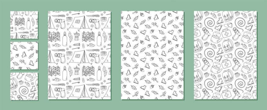 Seamless doodle pattern with camp, expedition, backpack and tent equipment in black line style. Adventure and hiking pack icons include map seamless elements for outdoor travel backgrounds.