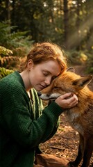 Obraz premium Young redhead woman in green sweater embracing red fox in autumn forest with warm sunlight filtering through trees creating magical wildlife connection moment.