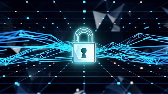 This features a mesmerizing display of a blue padlock at its center, encircled by an intricate web of glowing lines and dots set against a dark backdrop, effectively conveying themes of digital