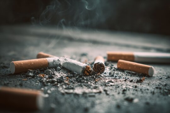 Smoldering discarded cigarettes and ashes scattered on rough surface symbolizing smoking addiction and its harmful environmental impact in dim light