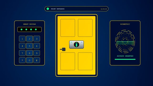 An advanced system for smart home automation illustrating a sequence of biometric fingerprint verification and electronic keypad access granting entry to a secure residence