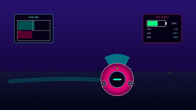 A futuristic digital interface illustrating smart home automation through a robotic vacuum cleaner navigating a virtual grid with real time battery and mapping updates