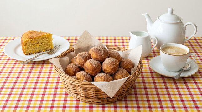 Bolinho de chuva brasileiro em cesta de vime com caf&eacute; com leite e bolo de fub&aacute; sobre toalha xadrez