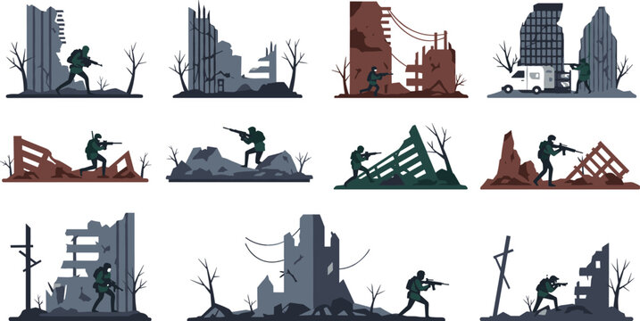 War Ruins Combat Silhouette Vector Set Featuring Soldiers in Destroyed City Landscapes, Tactical Battle Scenes and Post Apocalyptic Environments