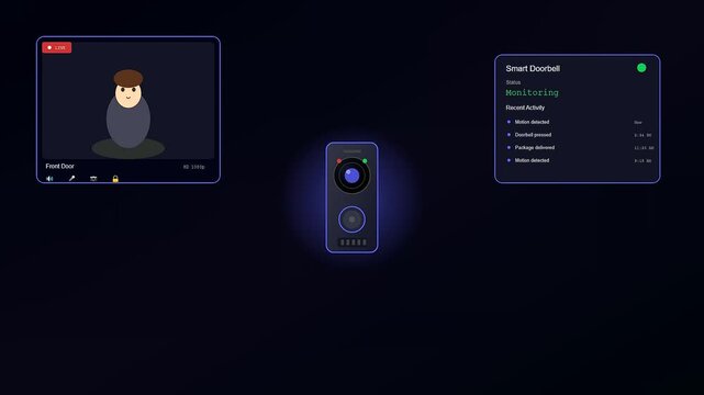 A sophisticated system for Smart Home Automation displays a live security feed of a visitor appearing on a digital monitoring dashboard for urban safety