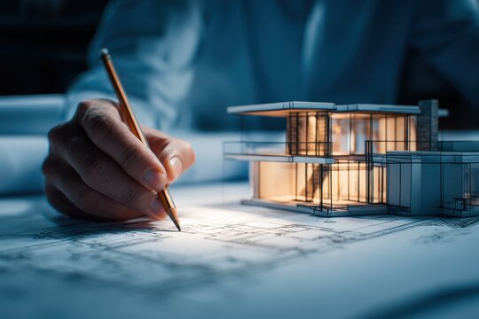 Architect designing detailed blueprints while working on illuminated modern house model for innovative residential project planning and development