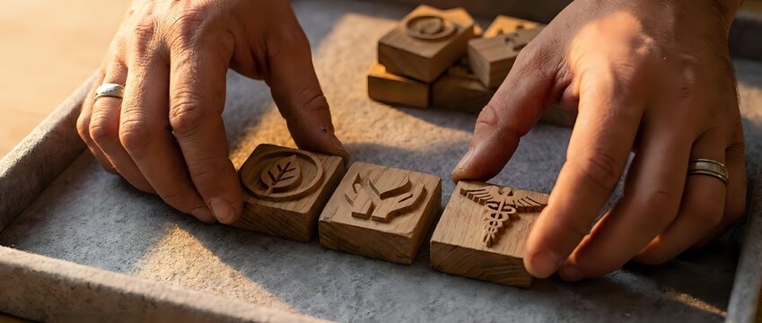 Artisan hands crafting wooden stamps with intricate botanical designs on textured surface. Traditional woodworking and printmaking tools for creative projects.