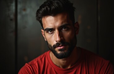 Obraz premium Bearded man in red shirt looks intensely at camera. Dark background, close-up portrait, strong gaze, male face, confident expression, professional studio shot, subtle lighting, serious mood, focus on