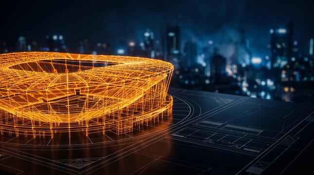 Digital Blueprint of a Futuristic Stadium Illuminated Against a Vibrant Cityscape