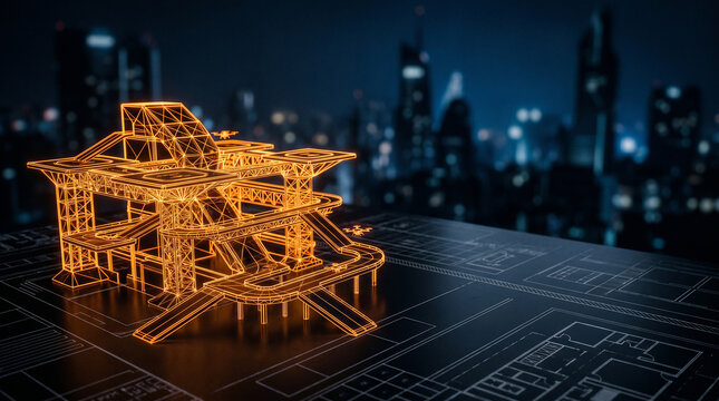 Futuristic drone landing pad concept design integrated into a blueprint with city skyline background
