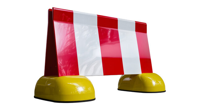 Isolated red and white striped plastic road safety barrier for construction work and traffic detours